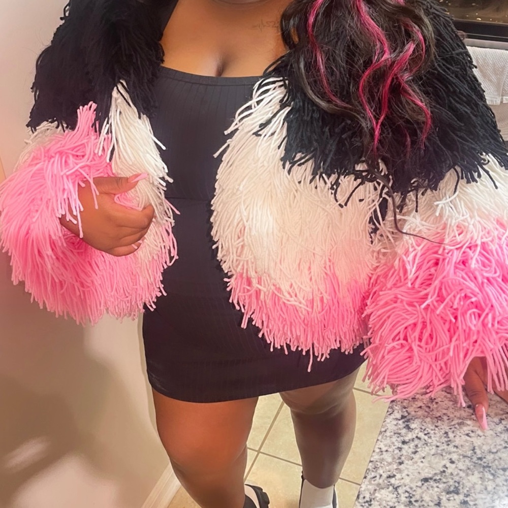 Fringe, crocheted jacket.